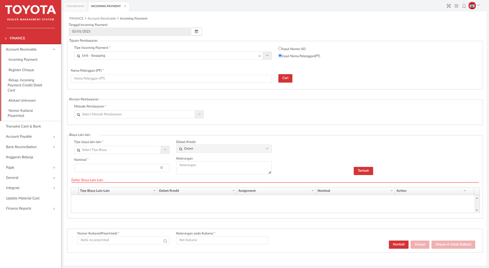 Incoming Payment – User Manual TAM Dealer Management System