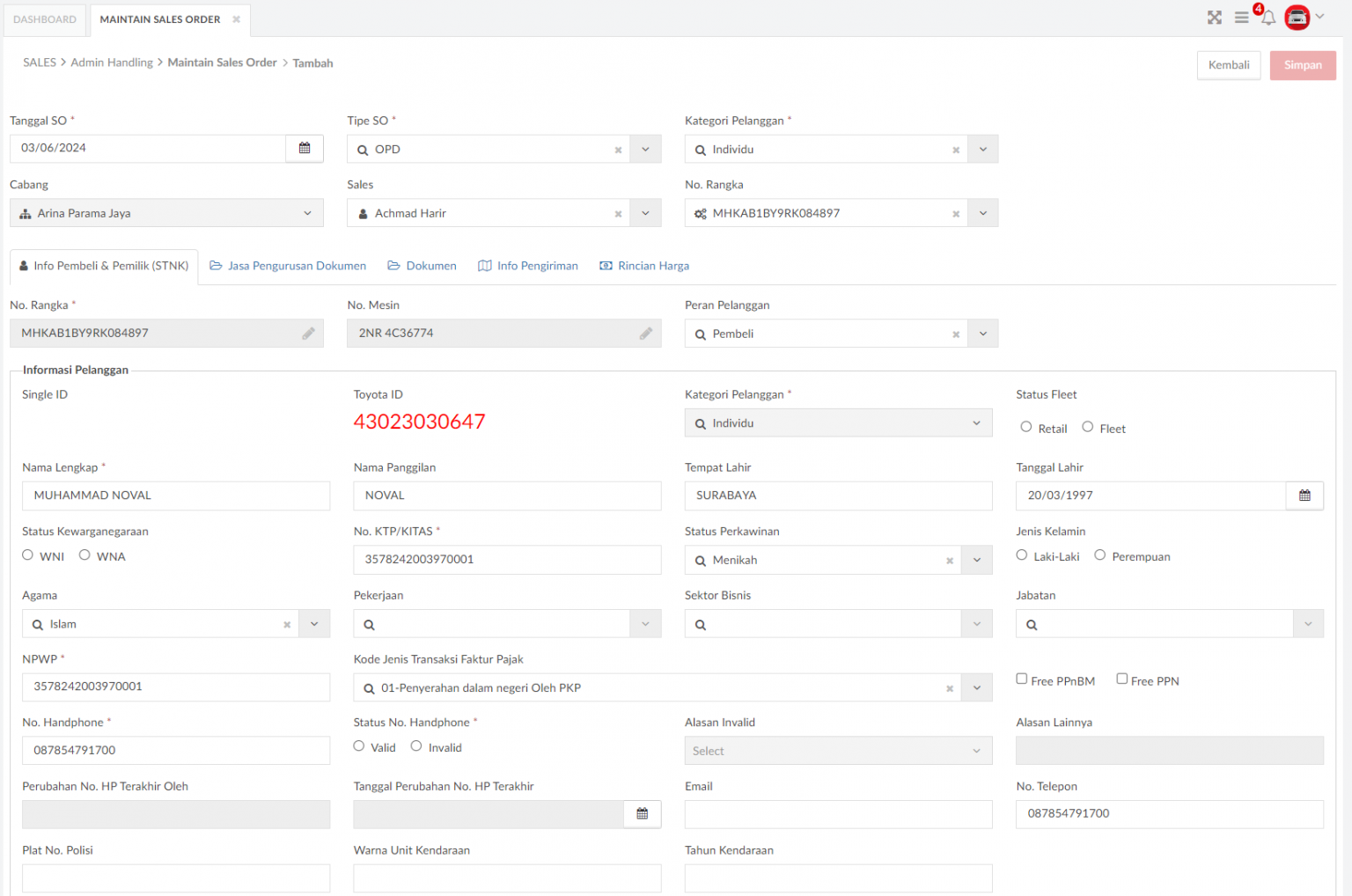 Tambah Sales Order User Manual TAM Dealer Management System